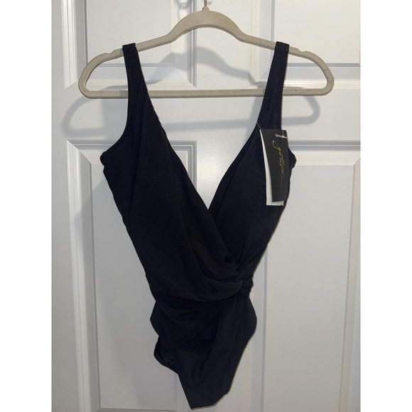 GOTTEX Black Lattice  V Neck‎ Surplice 1 Piece Swimsuit Sz 14 NWT - Picture 1 of 8